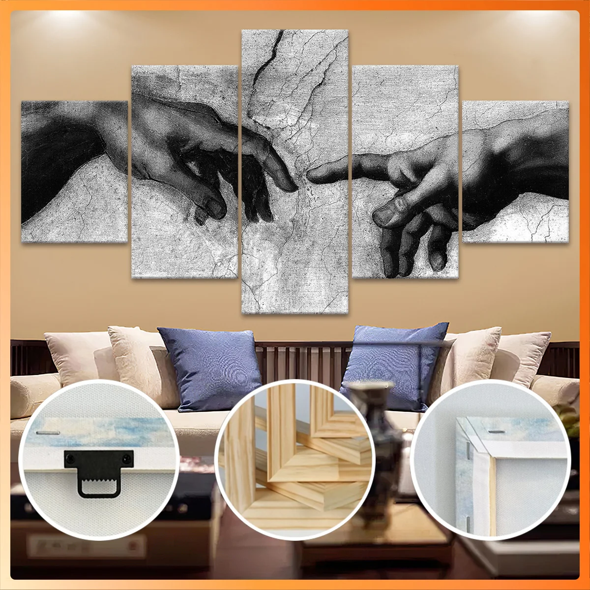 

5pcs Wooden Framed Canvas, Divine Connection Hands Art, Fashion Poster, Art for Home Decoration, Pattern Wall Art