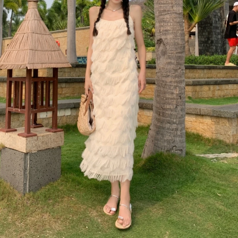 Bohemian Tank Dress Women's Loose-Fit French Riviera Vacation Beach Elegant Long Dress Summer 2024 New Style