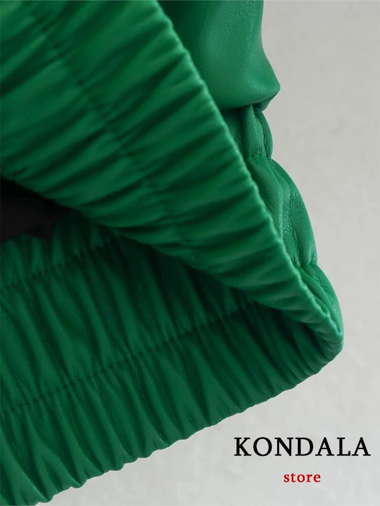 KONDALA Vintage Green Leather Loose Jackets Women Long Sleeve Single Buttons Turn Down Collar Coats Fashion 2022 Outwears