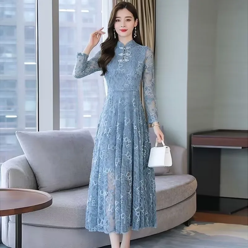 

Women Cheongsam Dress 2025 New Female Spring Long Sleeved Temperament Lace Dress Mujer Vestidos Fashion Women's Clothing
