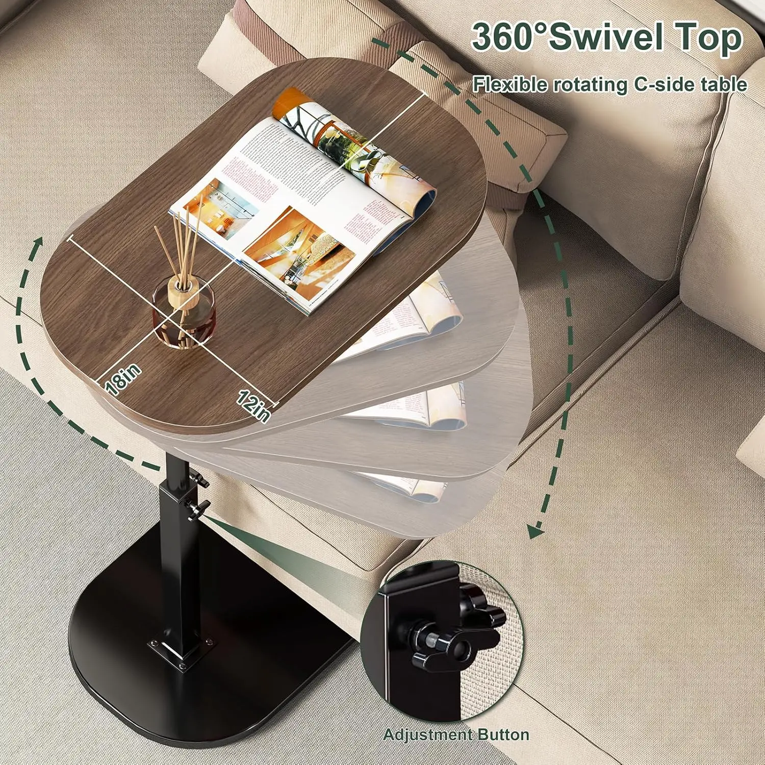 C Shaped Side Table Multifunctional Foldable Bedside Table Tea Table for Home and Office Height Adjustable Sofa Bed End Table image 3