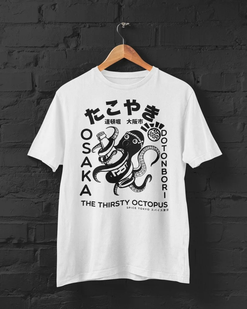 Japanese Takoyaki Osaka Pattern Shirt Custom Designed Kanji Hiragana Street Food T-shirt Perfect Souvenir for Both Men and Women