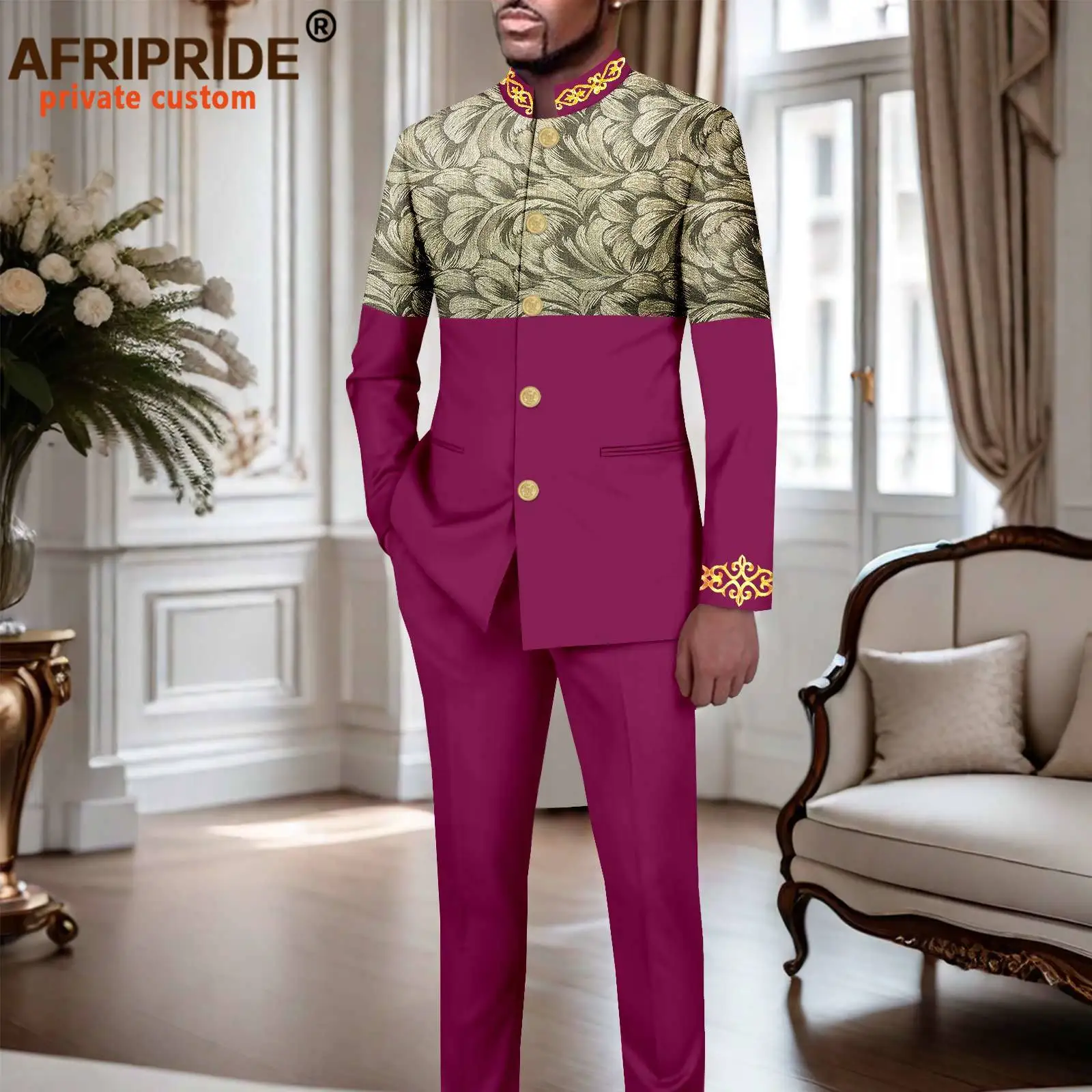 African Suits for Men Slim Fit Embroidery Single Breasted Full Sleeve Printed Blazer and Pants Set Formal Outfits 2416078