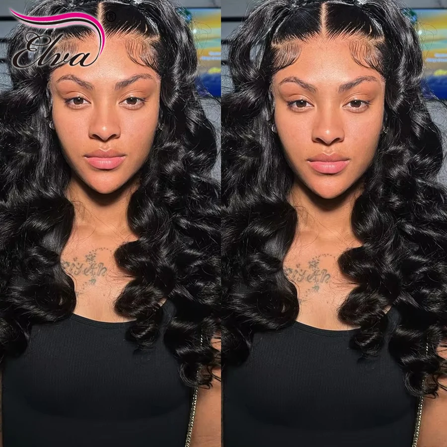 Волосы Elva 250% Плотность Невидимый HD Парик Шнурка Натуральный Черный Парик Человеческие Волосы HD Парик Фронта Шнурка Предварительно Сорванные Отбеленные Узлы HD Парики
