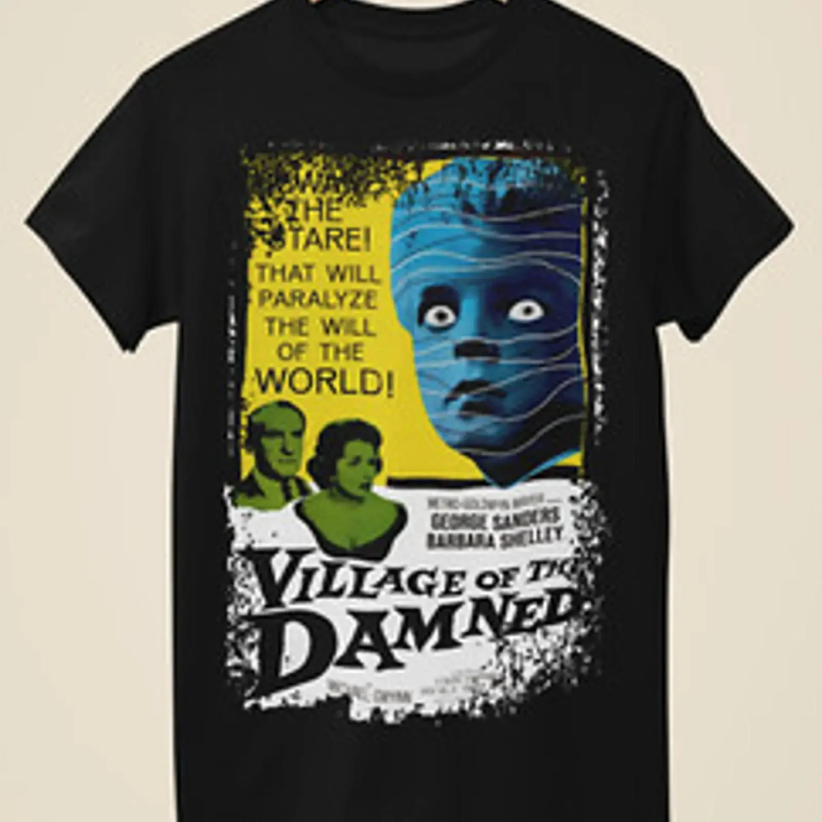 Camiseta negra unisex Village of the Damned 1960 inspirada en un póster de película vintage con gráfico lavado y elegante
