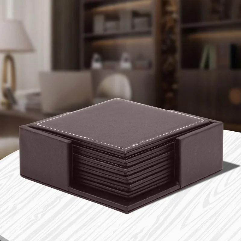 6pcs/Set Business Leather Coasters Heat Insulation Coasters Tea Square Leather Tea/Coffee Cup Pad Desk Decor