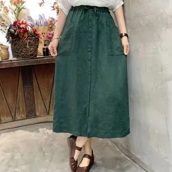 2023 Summer New Arts Style Women Elastic Waist Loose A-line Long Skirt Double Pocket All-matched Casual Cotton Linen Skirt C903