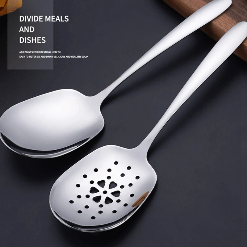 2PCS 304 Stainless Steel Tableware Spoon Colander Household Large Public Spoon Creative Dish Spoon Drain Serving Spoon