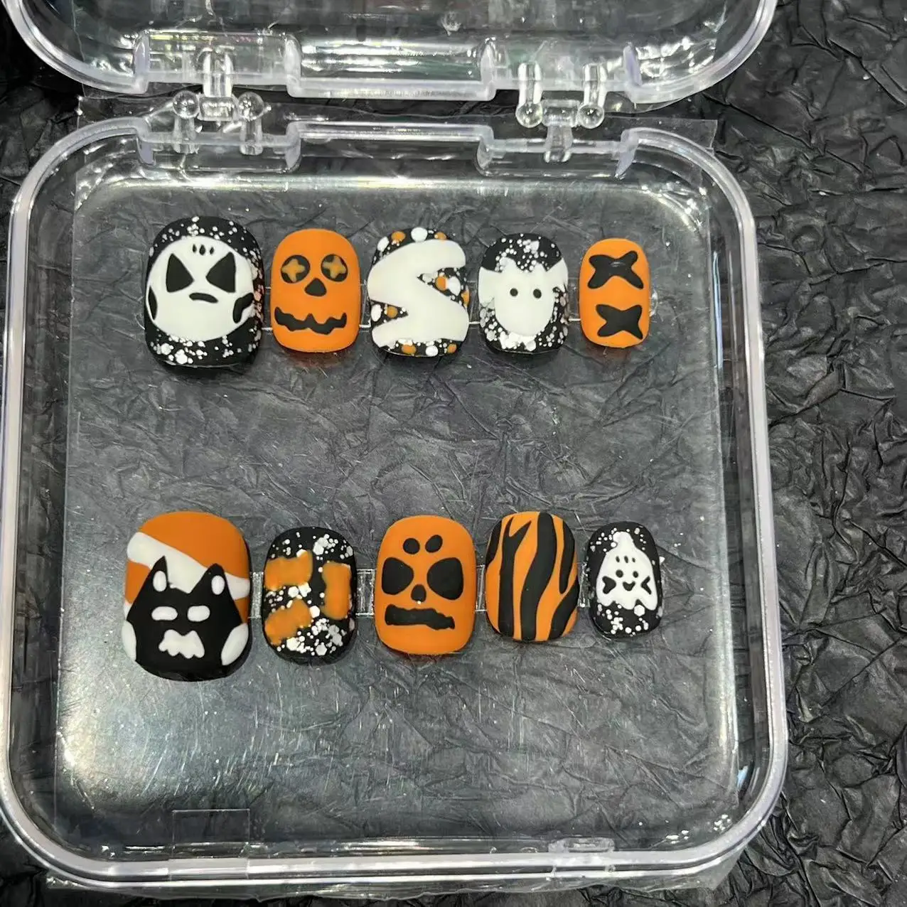 10 pçs artesanal halloween imprensa em unhas abóbora bruxa roxo curto remendo de unhas falsas dos desenhos animados fantasma halloween dicas de unhas falsas