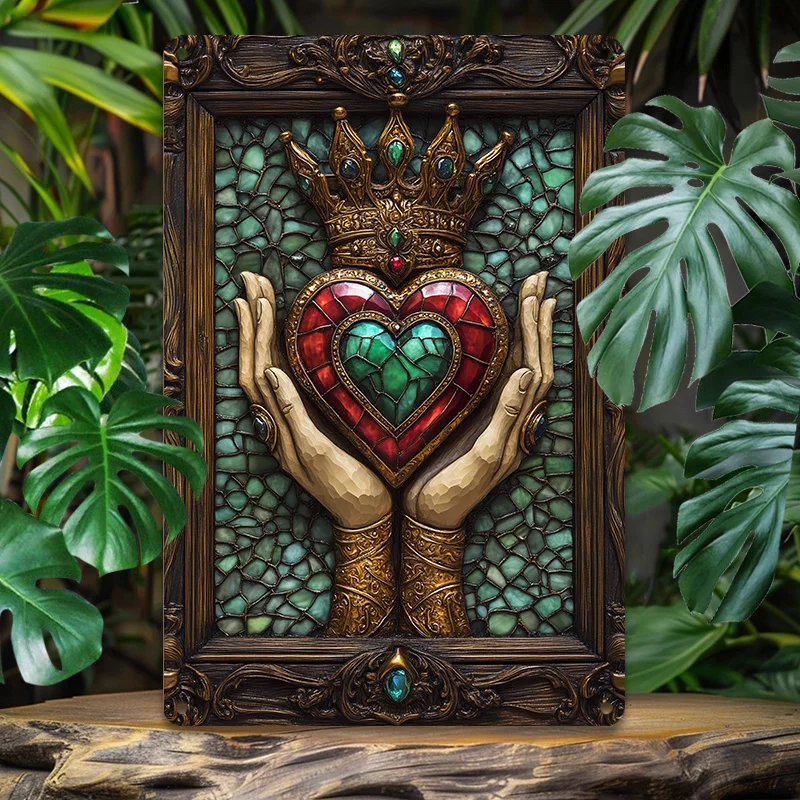 

Aluminum Tin Sign, Hands Holding Heart with Crown, Metal Wall Art, Rustic Home Decor for Lake House, Pool, Artistic Drawing Set