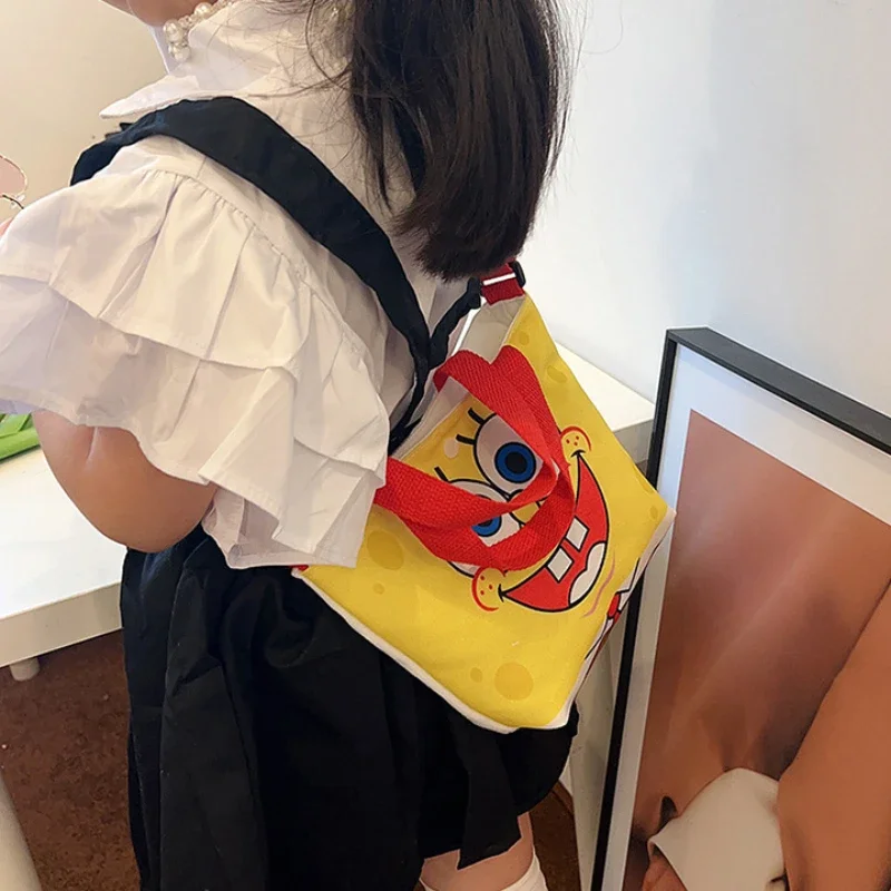 SpongeBob Children Cartoon Zipper Shoulder Bag Small Cotton Canvas Handbag Casual Tote Kids Eco Crossbody Bag Cute Messenger Bag