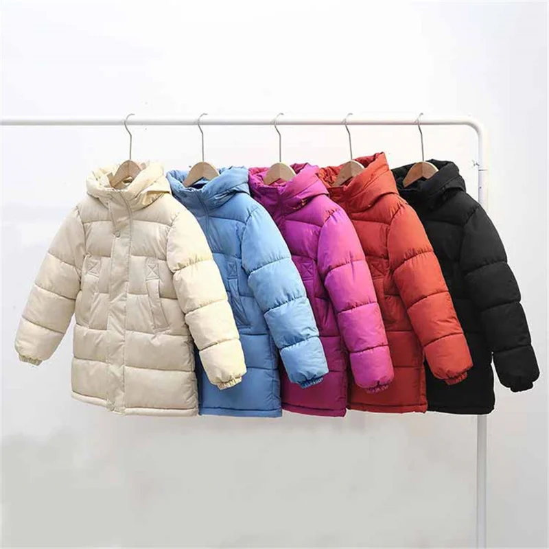 

Kids Down Long Coats Winter Boys Girls Thick Hooded Cotton Jacket Fashion Solid All-match Warm Parka Outerwear Children Clothes