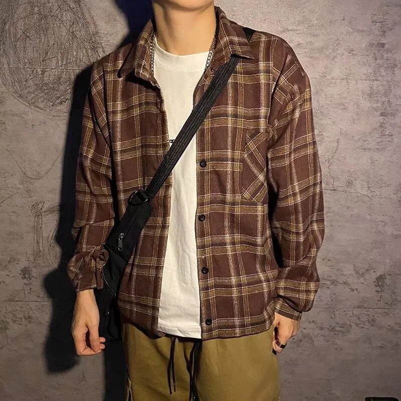 

Коричневые клетчатые рубашки с длинными рукавами для мужчин, осенняя текстурированная свободная повседневная рубашка-куртка для многослойной или верхней одежды