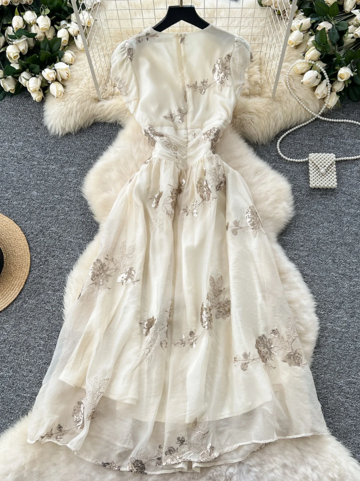 우아한 브이넥 자수 슬림 롱 드레스 여성 레트로 궁정 스타일 휴가 드레스 하이웨이스트 A라인 반팔 드레스