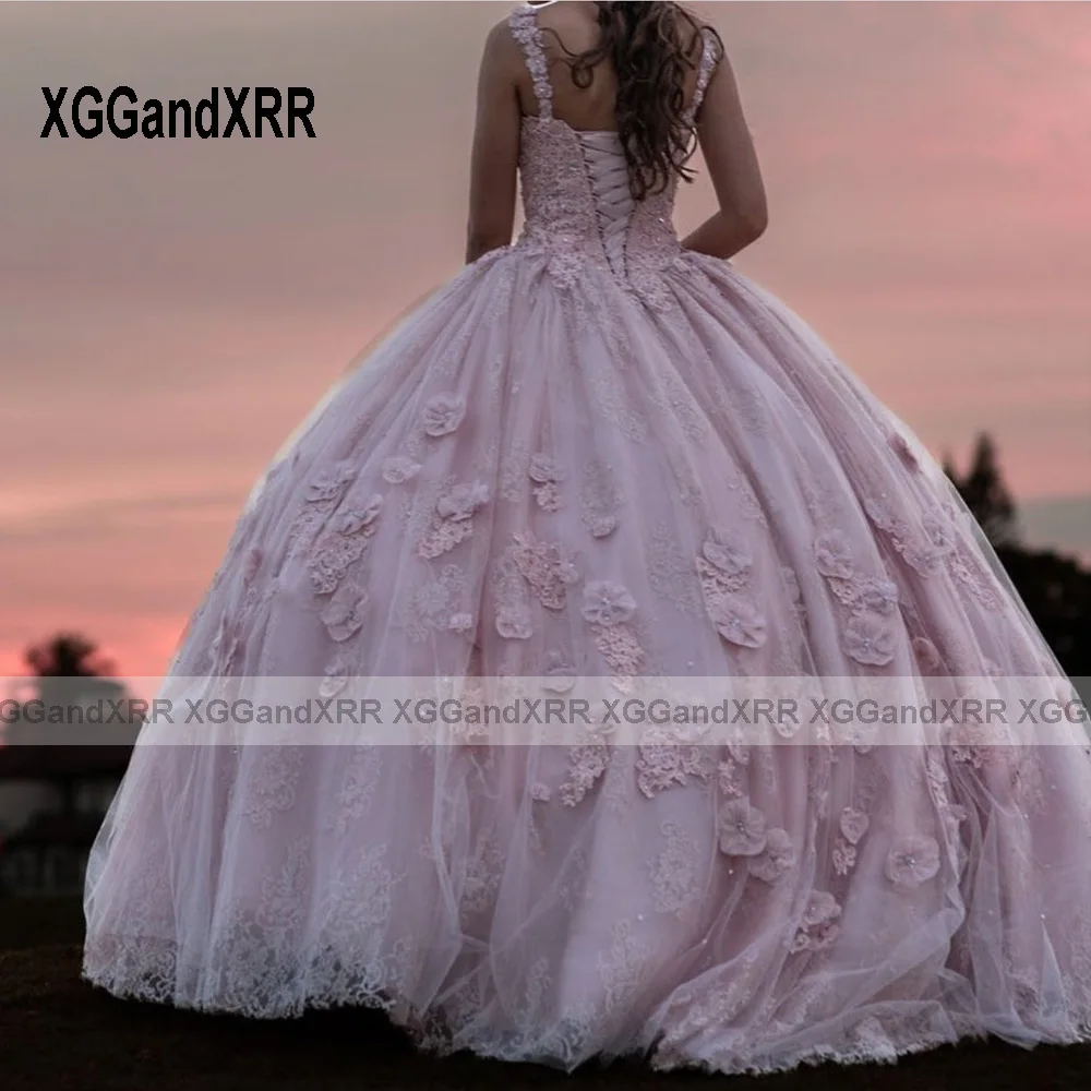 Mooie Roze Baljurk Quinceanera Jurk 2024 3d Bloemen Tule Prinses Sweet 16 Vestido De Xv Años Brithday Party Jurk V-Hals