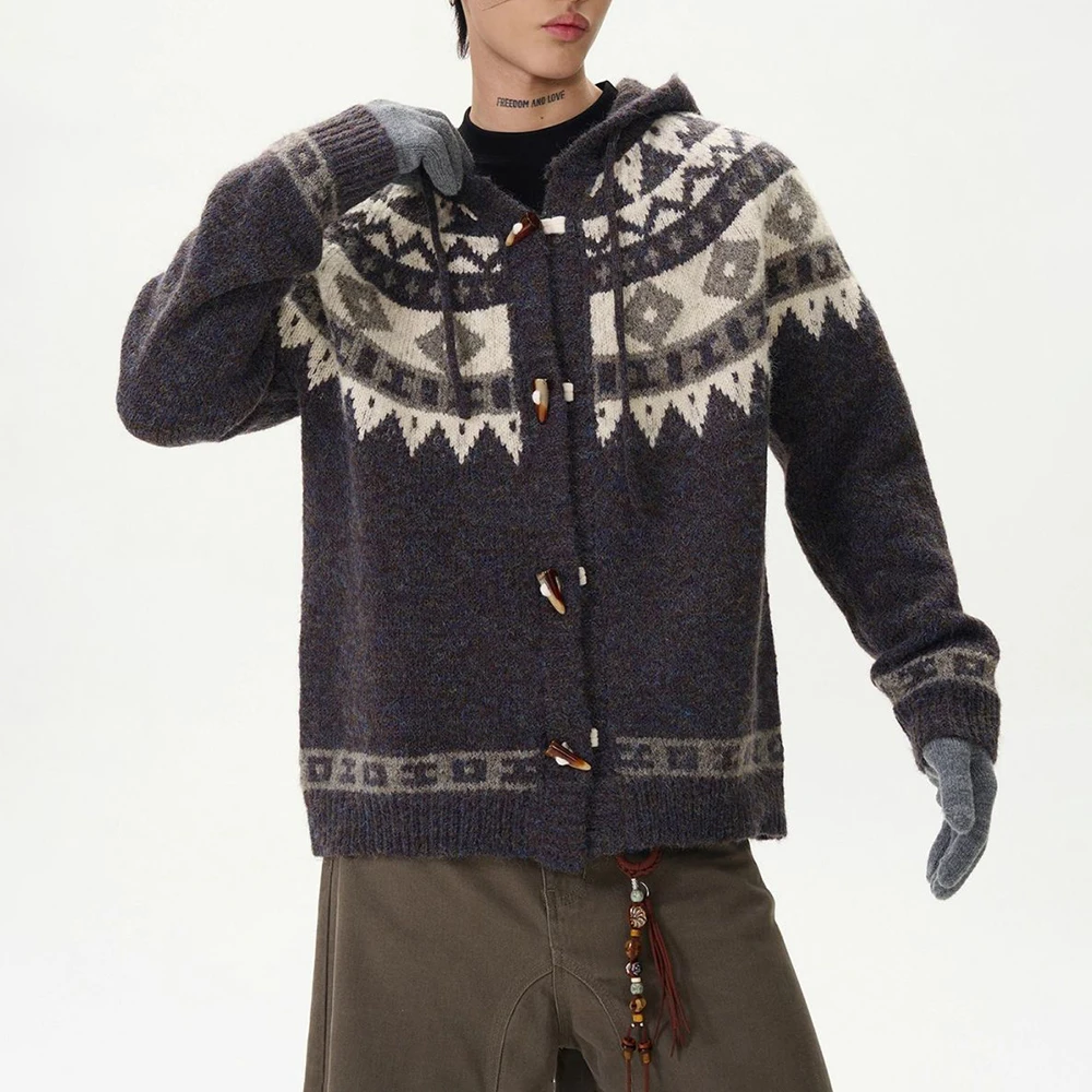 

2025 Winter New Men's Duffle Button Hooded Cardigan American Retro Fashion Trendy High Street Loose Casual Unisex Men's Top