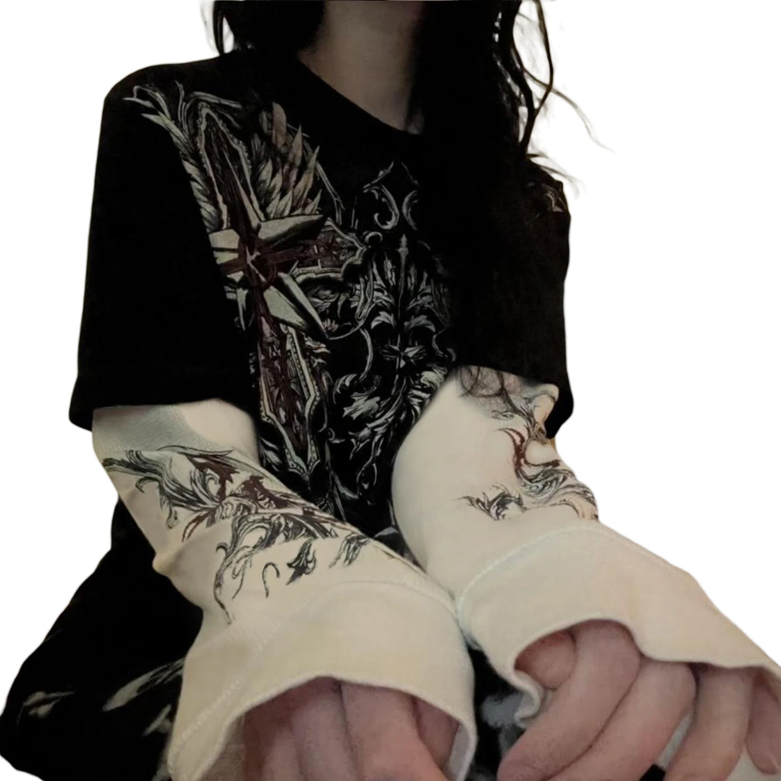 Mall Goth Y2K Aesthetics Grunge Tees Retro Heart Sword Print T Shirt Women Long Sleeve Slim Fit Sweats Tops 90s Vintage Clothes