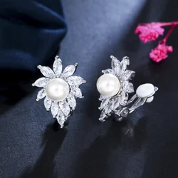 ThreeGraces Shiny Marquise Cut Cubic Zirconia Simulated Pearl Non Pierced Ear Clip On Earrings for Women Wedding Jewelry EJ0102