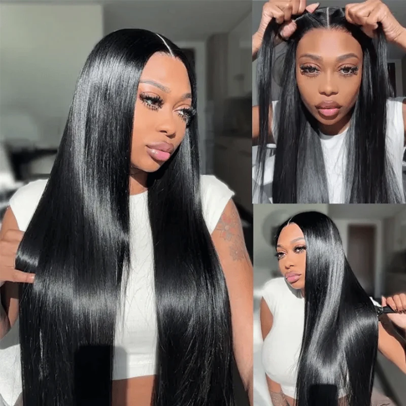 42 pouces 5x5 Wear & Go perruque sans colle os droit 13x4 13x6 perruques droites sans colle pré plumées pour les débutants, pas de colle pas besoin