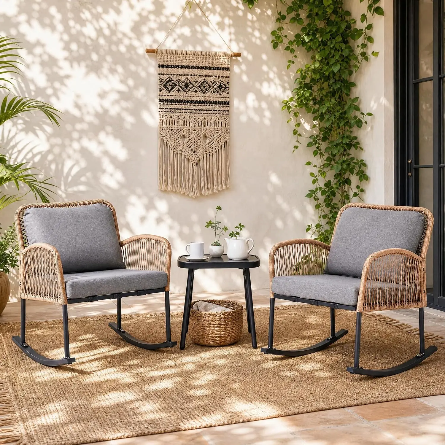 3-Piece Outdoor PE Wicker Rocking Bistro Set with Rattan Side Table for Porch Garden Backyard, Grey, Customized