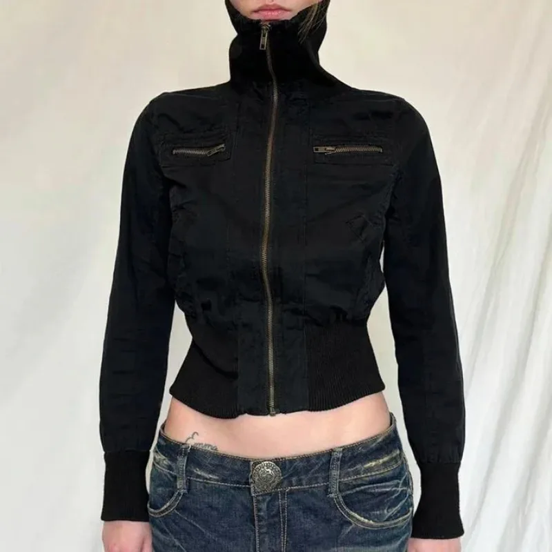 New Y2K High Neck Cropped Jacket Women Full Zip Multi Pocket Long Sleeve Slim Fit Black Outerwear Vintage Coat Autumn Daily Wear