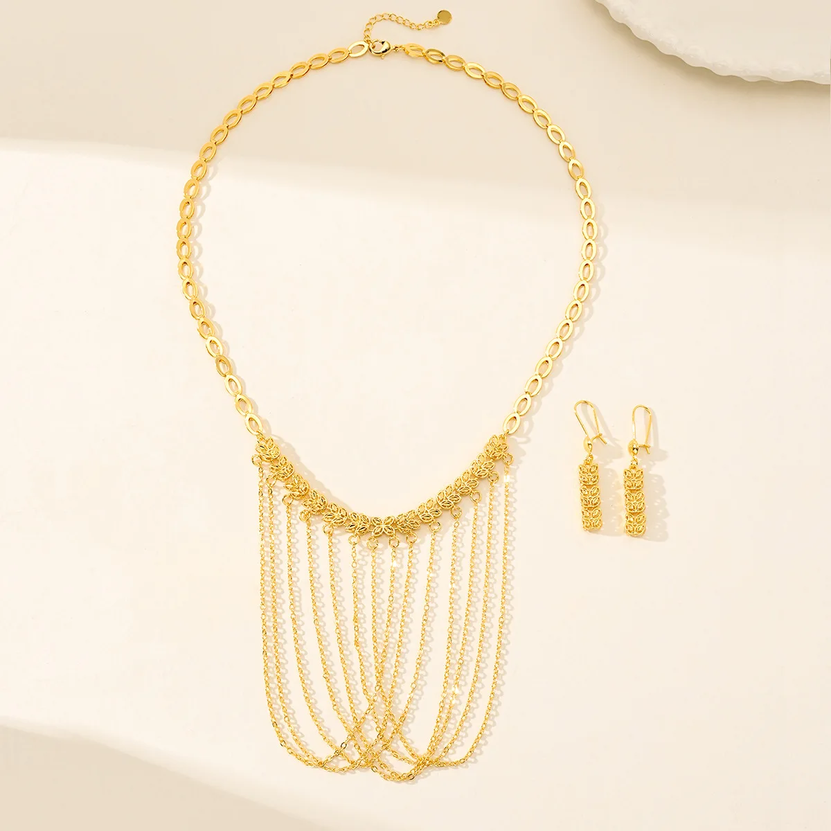 9999 gold best-selling fringed multi-layer ultra-bright fashionable necklace and earrings set - party accessory for ladies bride