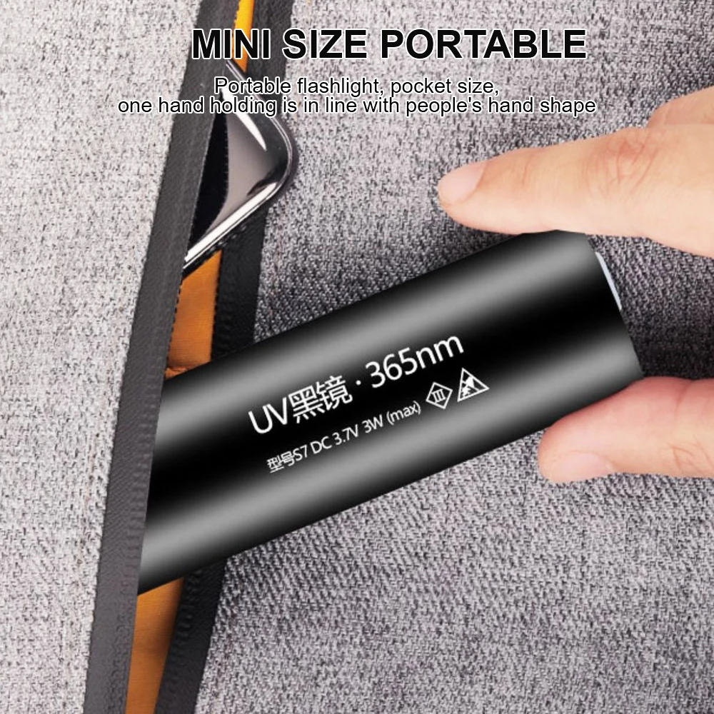 ไฟฉาย UV USB ชาร์จซ้ำได้สำหรับสัตว์เลี้ยงในปัสสาวะมีไฟฉายอัลตร้าไวโอเล็ตสำหรับแมวเครื่องตรวจจับแมงป่องแร่เงิน3W 365nm SV57สีดำ