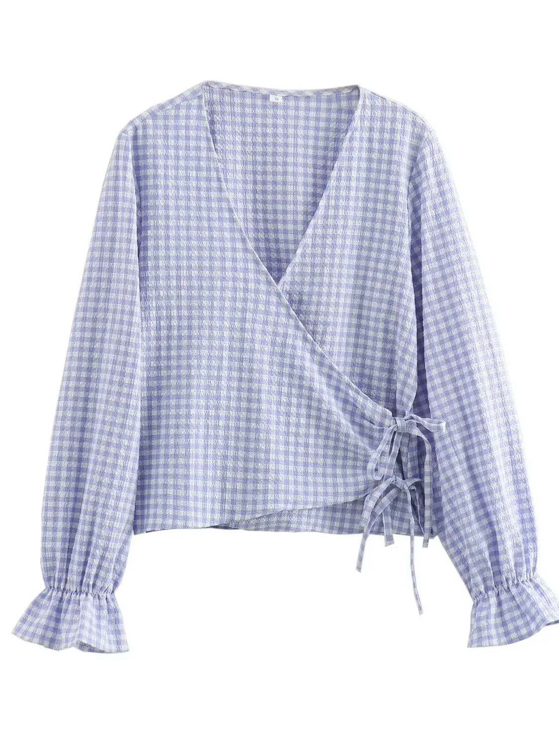 XNWMNZ 2024 Women's Fashion Gingham Chech Wrap Blouse Women High Street V-neck Long Sleeve Crossover Tie Female Chic Top