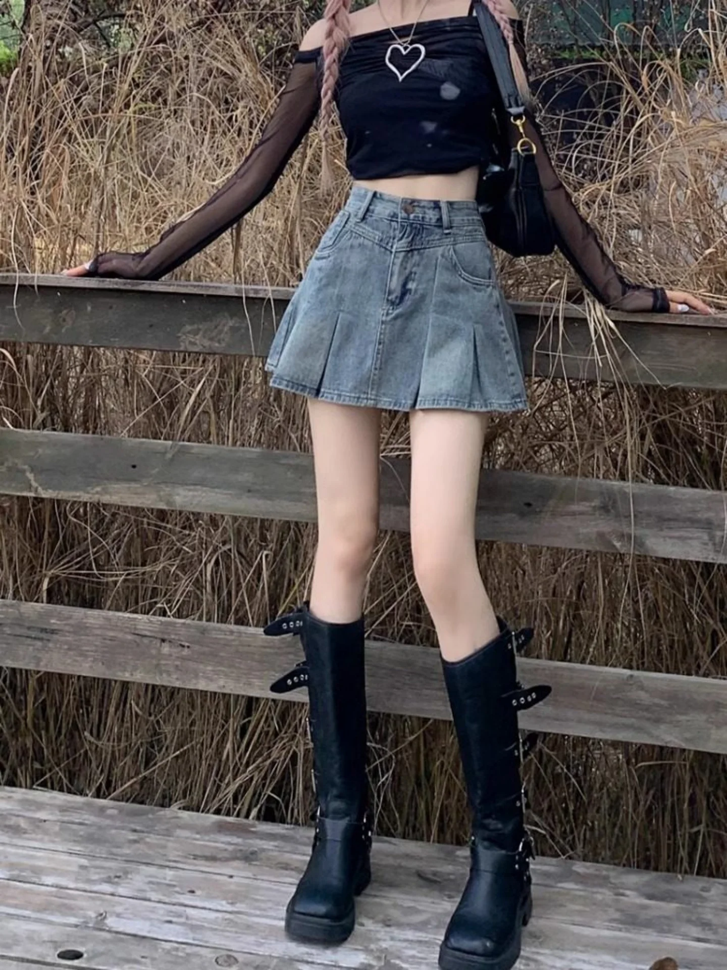 High Waist A-Line  Skirt Retro American Style Denim Pleated Women's Fashion Summer 2026 Short Skirts for Petite Girls