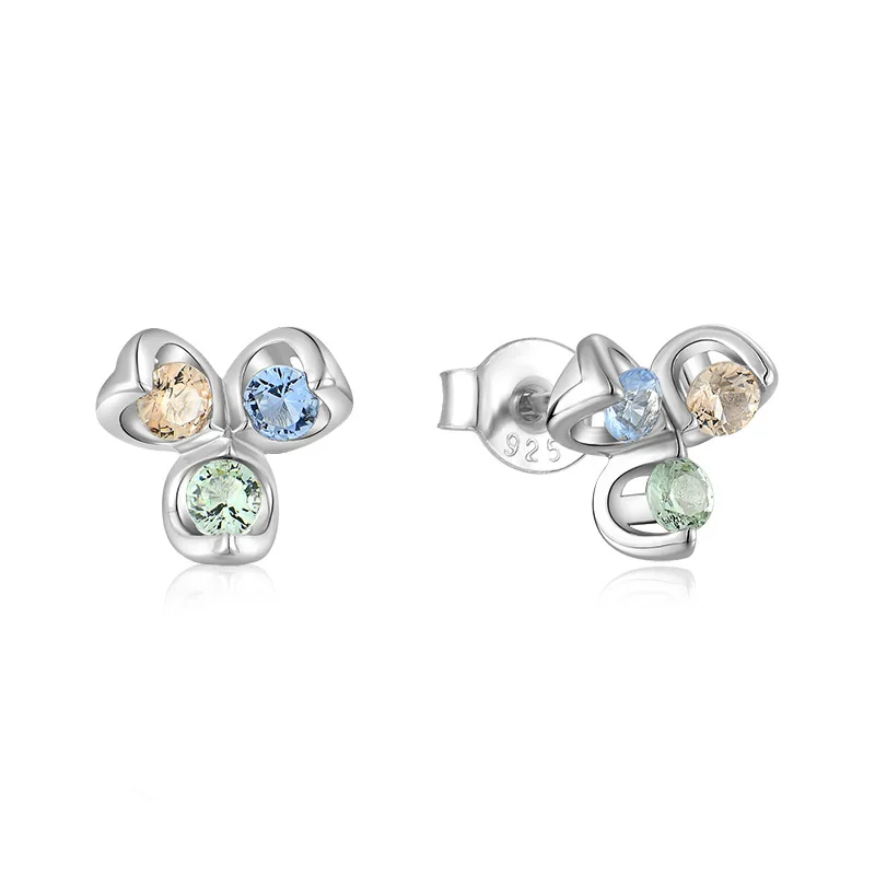 Geometric Clover Petal Stud Earrings S925 Silver Multicolor Zircon Temperament All Matching Earrings