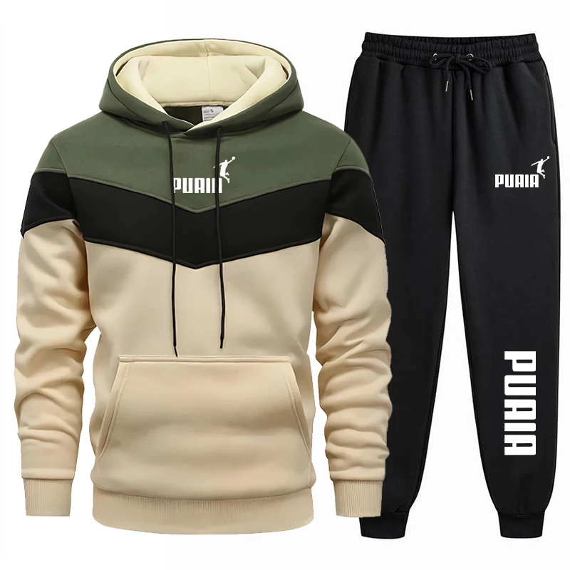 2024 Fall Winter Fleece Thick Warm Men\'s Tracksuit Hoodies + Pants 2Pcs Sets Suit Sportswear Trend Fashion Hip Hop Men Clothing