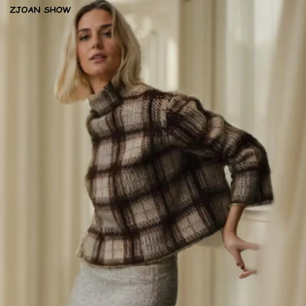 جديد 2025 الخريف الشتاء النساء القهوة منقوشة محبوك نصف عالية طوق البلوز سترة كم كامل البلوز فضفاض قصير تريكو
