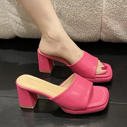 Women Summer Slippers Peep Toe Chunky High Heels Sandals Slides Party Shoes Woman Flip Flops Solid Candy Color Large Size 35-46