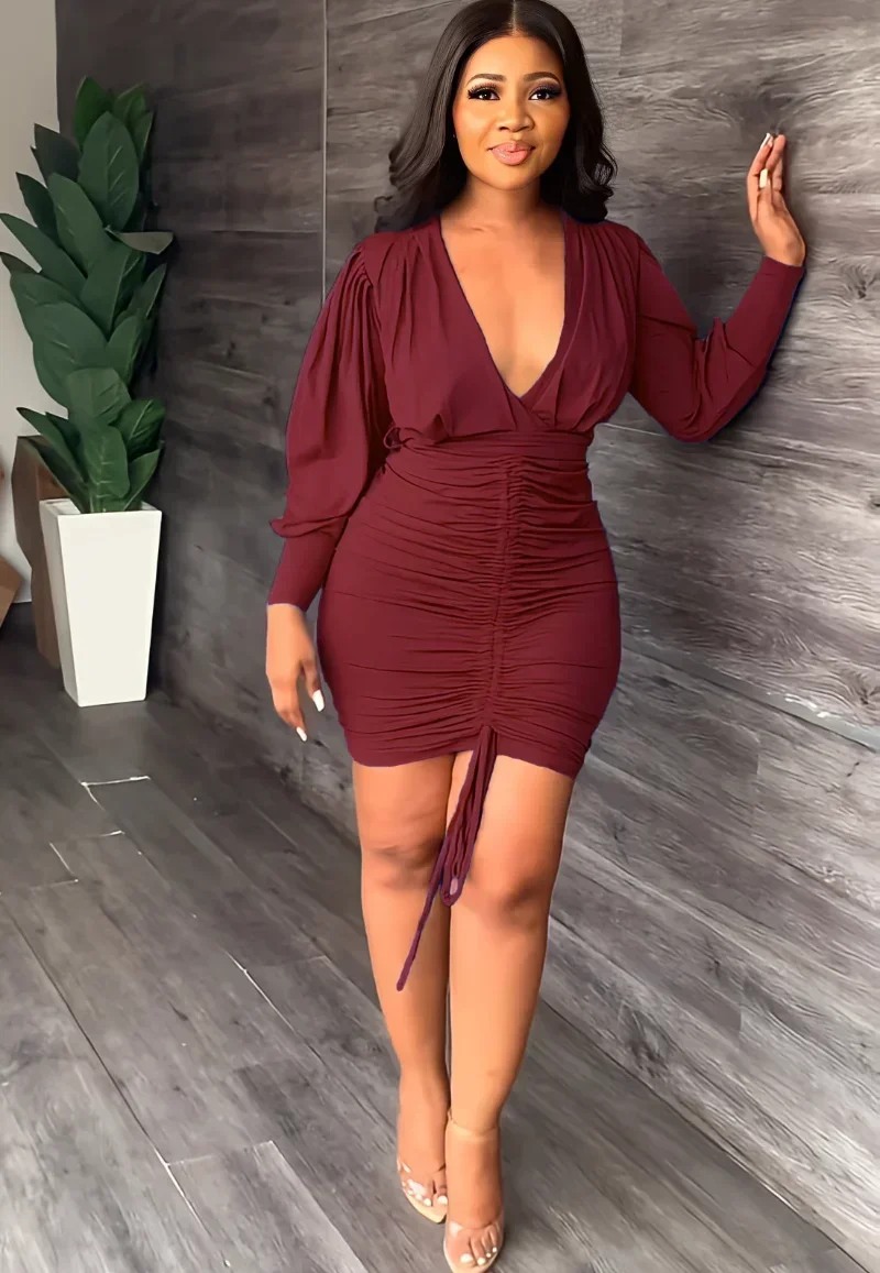 GUWU Lente Lange Mouw Trekkoord Ruches Wrap Mini Jurk Vrouwen Sexy Diepe V-hals Bodycon Bandage Clubwear Feestjurk