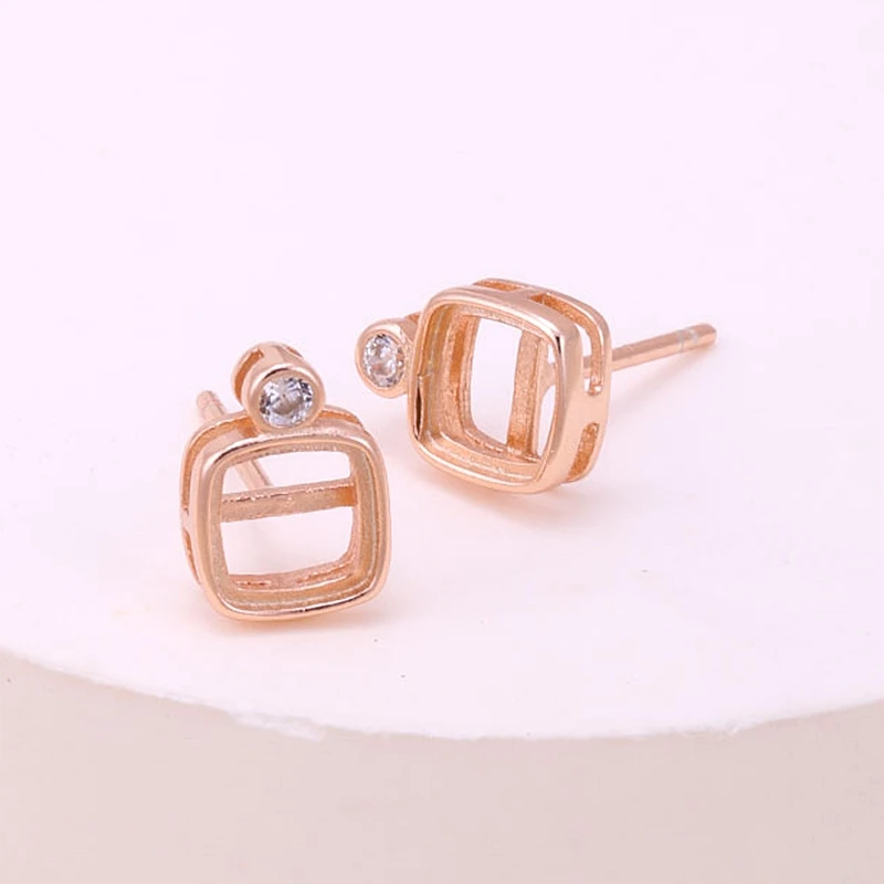 

925 Sterling Silver Stud Earrings 5.5x5.5mm Cushion Cabochon Semi Mount Earrings for Amber Turquise Gemstone Setting