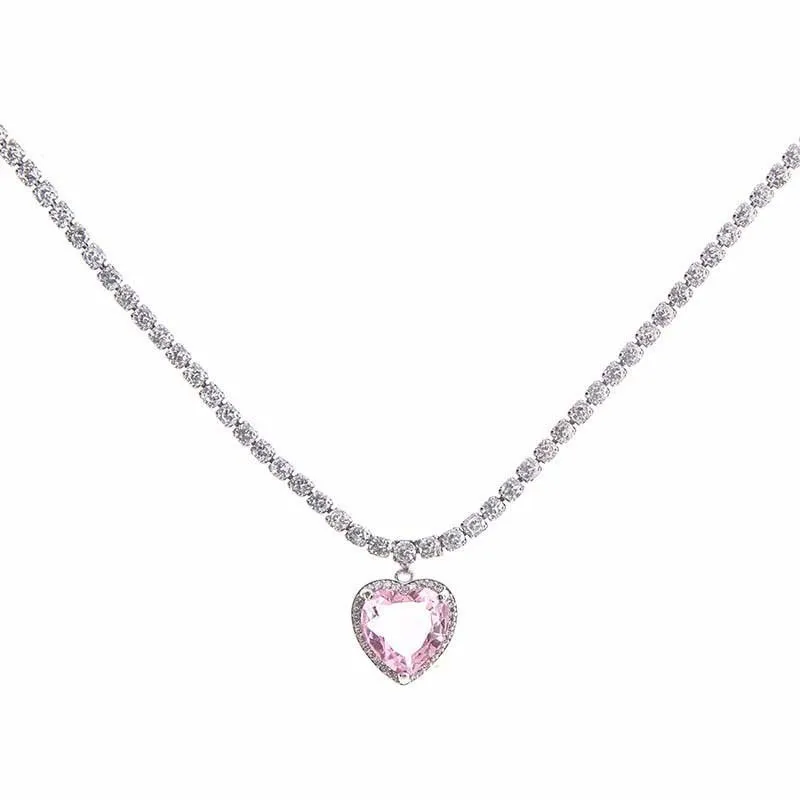 Korean Sparkling Pink Crystal Heart Pendant Necklace For Women Jewelry 2026 Trending New  Silver Color Zircon Necklaces A216