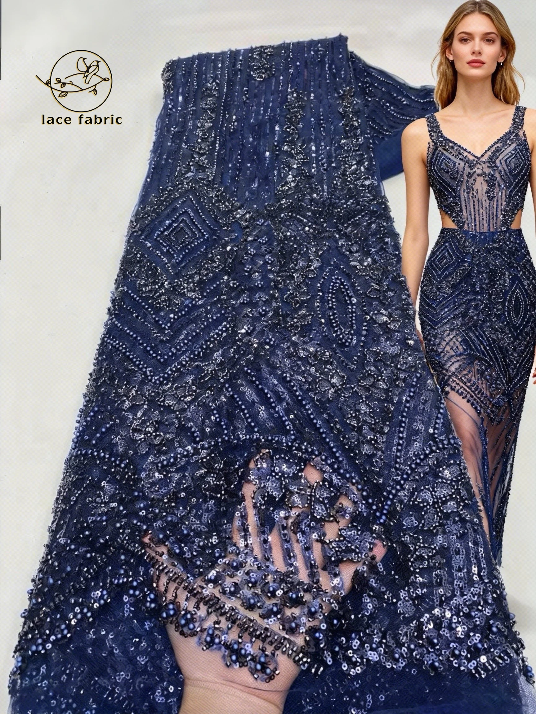 

Navy blue Luxury African Lace Fabric 2026 High Quality Sequins Beads Lace Fabrics For Nigerian Wedding French Tulle Lace Fabric