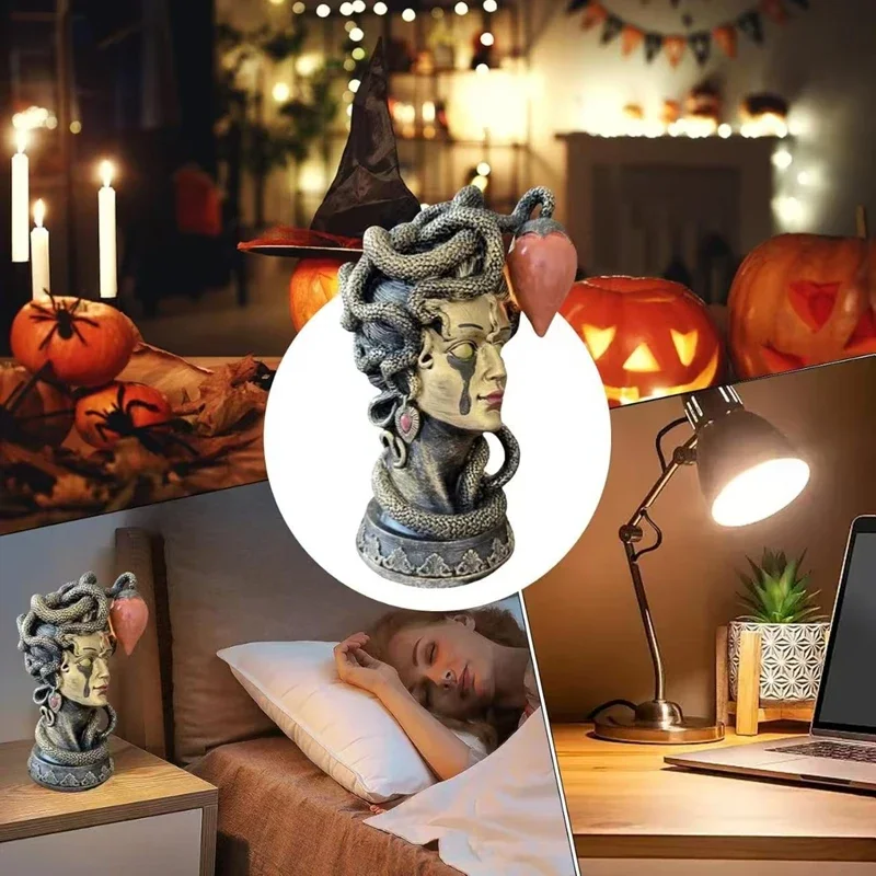 Creative Gothic Medusa Table Lamp Statue Mythical Monster Resin Ornament USB Powered Fun Halloween Table Lamp Decoration