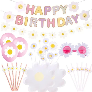 デイジー誕生日パーティーの装飾子供のためのハッピーバースデーバナーデイジーフラワープレートストローベビーシャワー最初の誕生日パーティーの装飾