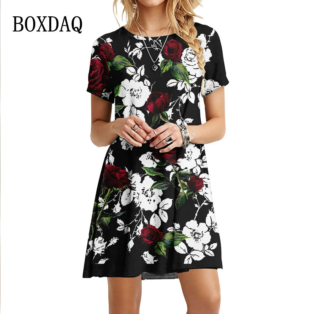 Red 3D Rose Floral Printed Dresses Women Summer Loose Oversized Short Sleeve Dress Fashion Clothing Beach Vacation Mini Dress