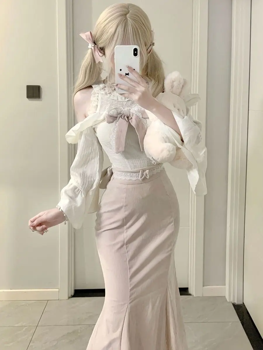 Pink Lace Fish Tail Dress Set Women's Shoulder Bared Two-Piece Outfit Fashionable Rich Girl Style round Neck Shirt And Skirt ...