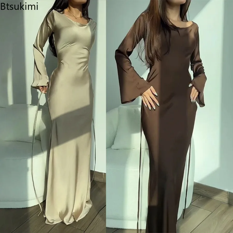 

2025 Elegant Women Dress Solid O-neck Satin Maxi Dress Fashion Flare Sleeve Lace Up Slim Long Dress Women Evening Party Dresses