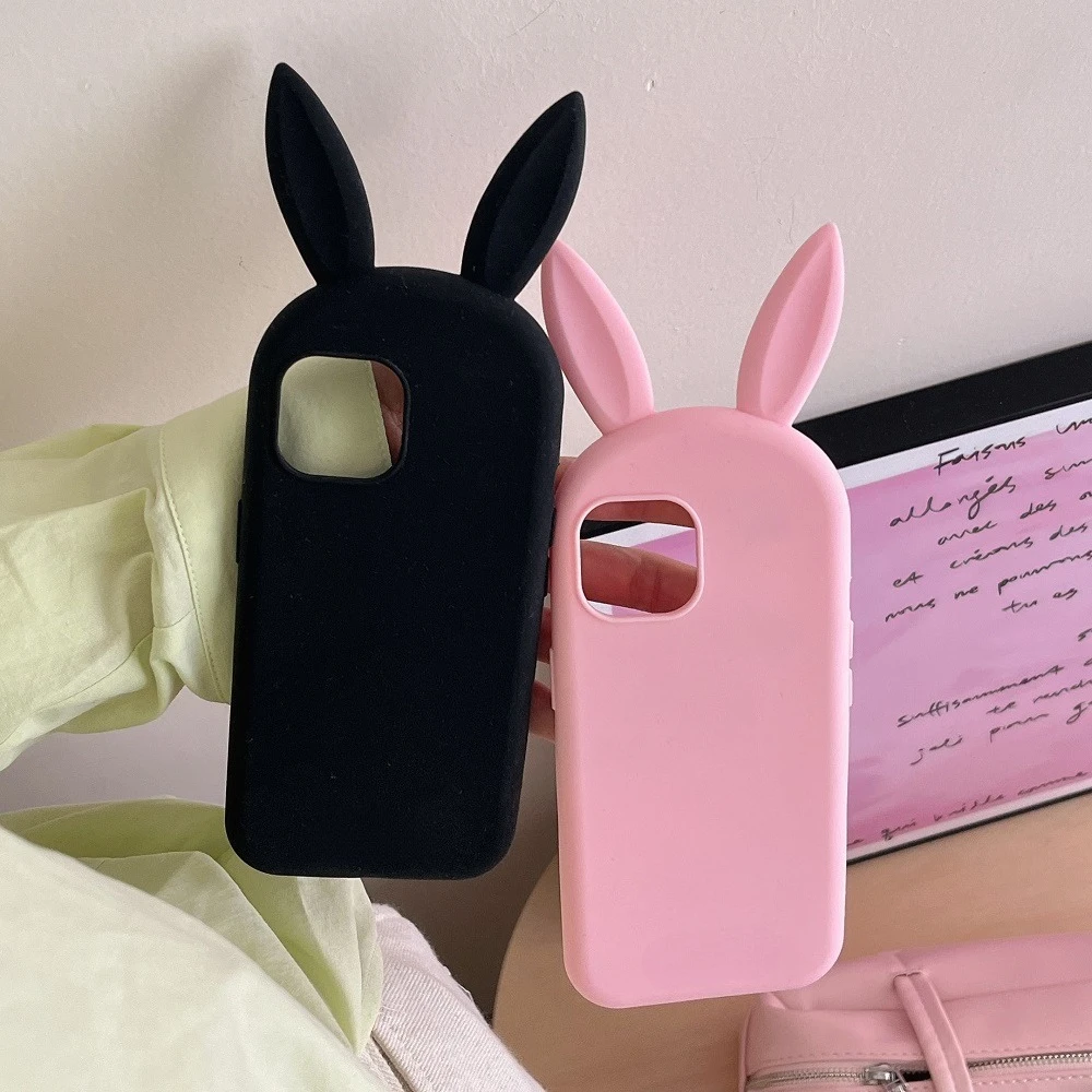 Liquid Silicone Rabbit Ears Phone Case For iPhone 17 16 15 14 13 12 Pro Max  Plus Silky Touch Shockproof Protective Soft Cover - AliExpress