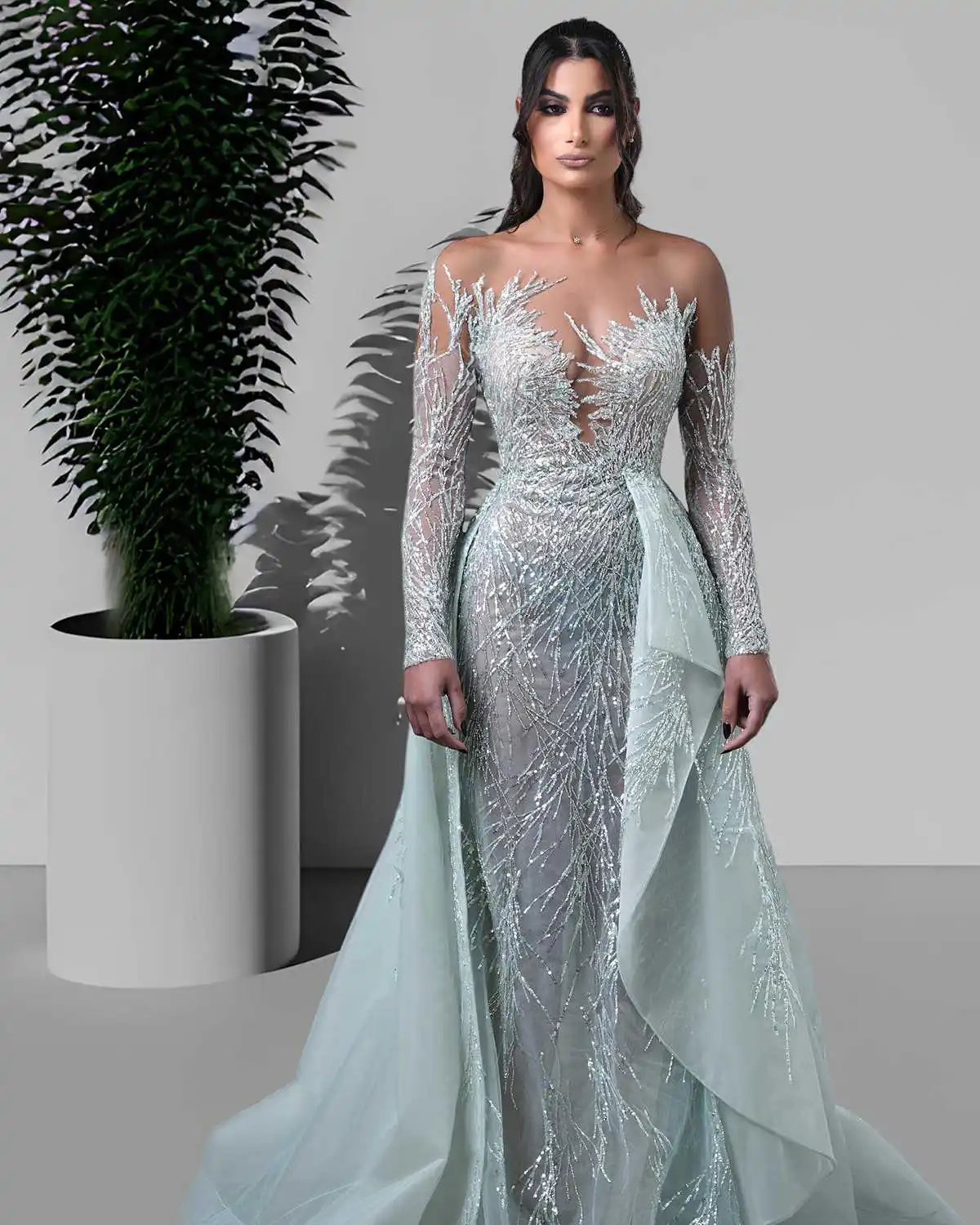 Fashion Evening Dresses For Women Sheer Neck Long Sleeves Gowns Sequins Detachable Train Dress For Prom Party Custom Made