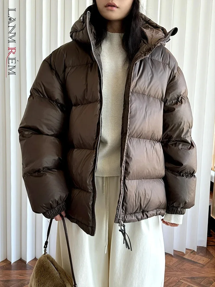 [LANMREM] Double Zipper Design Hooded Down Coats For Women Solid Thick Warm Long Sleeve Outdoor Outwear 2024 Winter New 26C1534