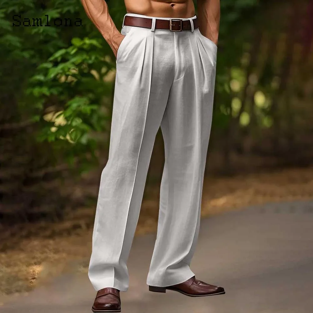 

2025 Men's Stand Pockets Casual Linen Beach Pants Light Gray Ankle-Length Trouser Plus Size Mens Fashion Straight Leg Pants New