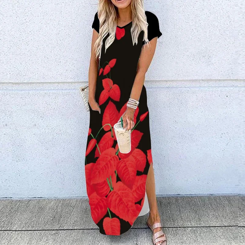 

Womens Short Sleeve Vintage Elegant V Neck Black Long Dress Fashion Floral Print Beach Maxi Dress Women Casual Plus Size Dresses