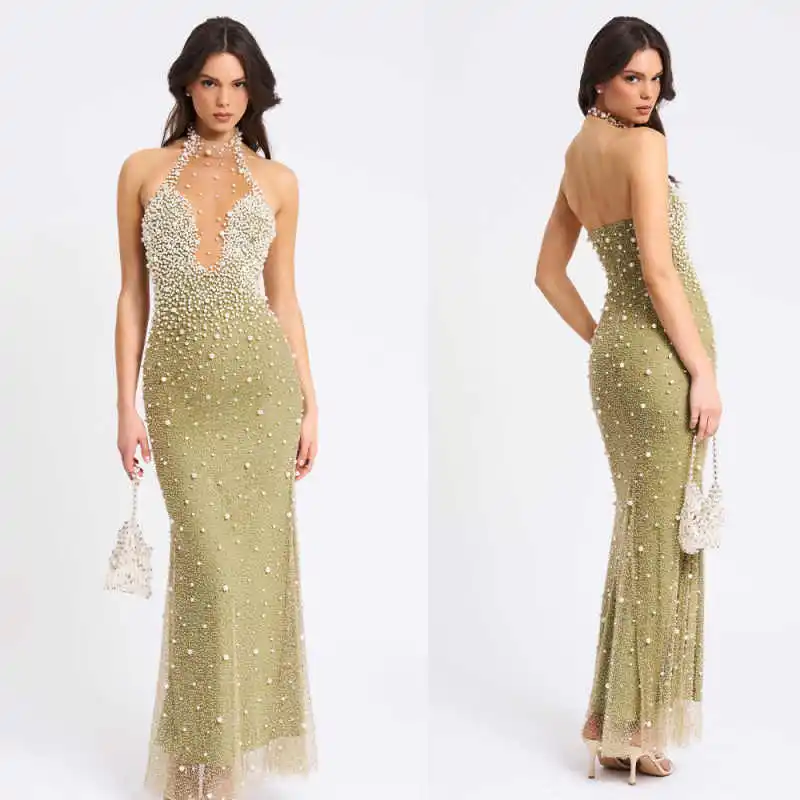 Modieuze avondjurk halter mouwloos parels kant vloerlengte galajurk banket speciale gelegenheid vestido de novia