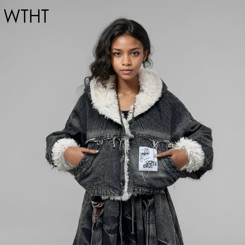 WTHT Vintage Fashion Women's Patchwork Woolen Hooded Loose Denim Warm Coat 2024 Autumn Trendy Long Sleeves Jakcet Female 1LS351