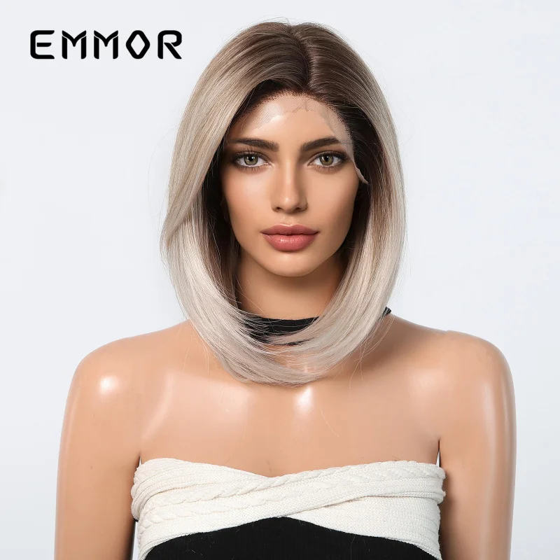 13*6 large area front lace middle-parted short straight bob , natural and realistic full head wig